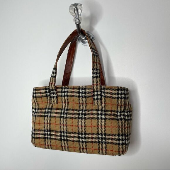 Burberry Wool Vintage Nova Check Signature Plaid Tote Shoulder Bag Purse Tan - Picture 4 of 14